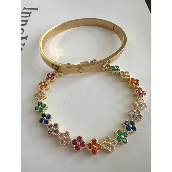18K Gold Plated Multi clover Bracelet Bangle SET stainless steel Womens Jewelry - Picture 5 of 9